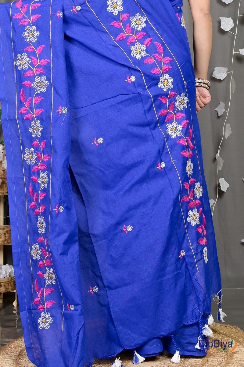 Blue Cotton Blended Paraya Embroidery Handloom saree (302)
